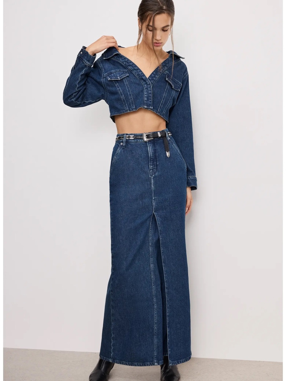 Good American Indigo Denim Fit and Flare Long Skirt
